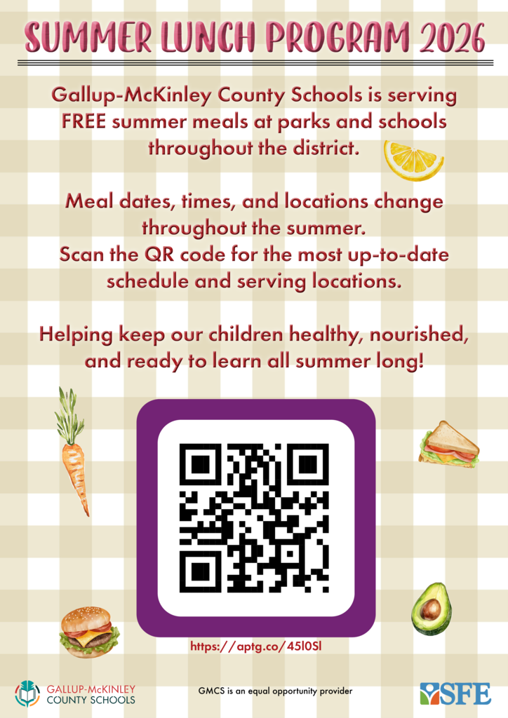 White-background poster. A QR code is central. Text reads "SUMMER LUNCH PROGRAM 2026." Below is a list of meal locations and dates.
