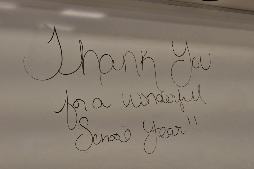 A whiteboard displays handwritten text: "Thank You for a wonderful Senior Year!!" against a plain white background.