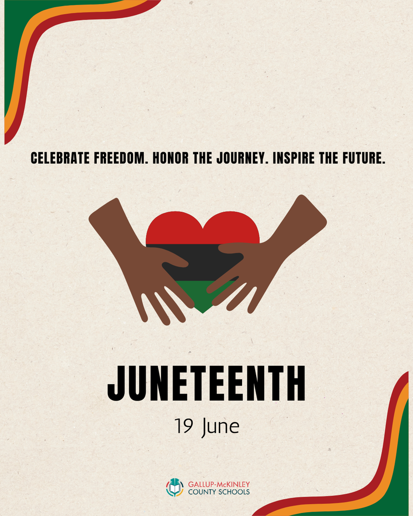 A beige background displays a black-and-green heart held by two hands. Above, text reads "Celebrate Freedom. Honor the Journey. Inspire the Future." Below, it says "Juneteenth 19 June."