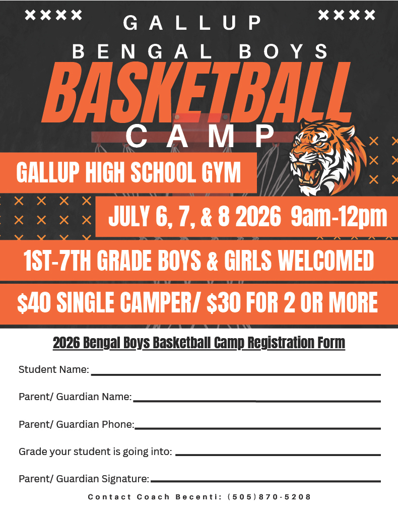 Registration form for the Gallup Bengal Boys Basketball Camp, July 6, 7, & 8, 2026, 9am-12pm at Gallup High School Gym.