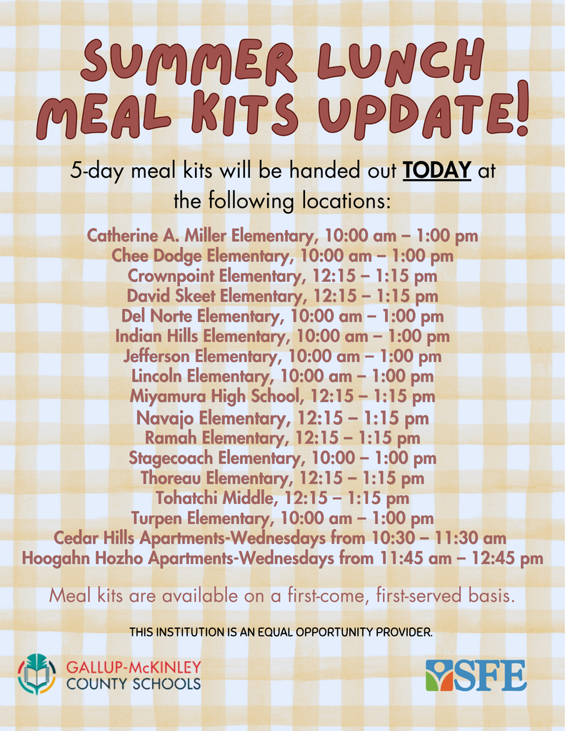 A flyer informs about summer meal kits distribution times and locations at various elementary and high schools.