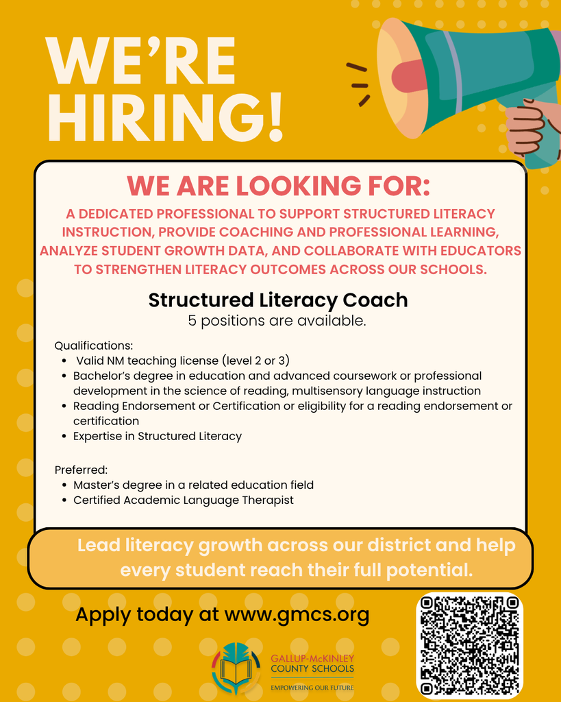 A hiring poster highlights positions for Structured Literacy Coaches. Requirements include teaching licenses, and preferred qualifications are a master's degree in education.