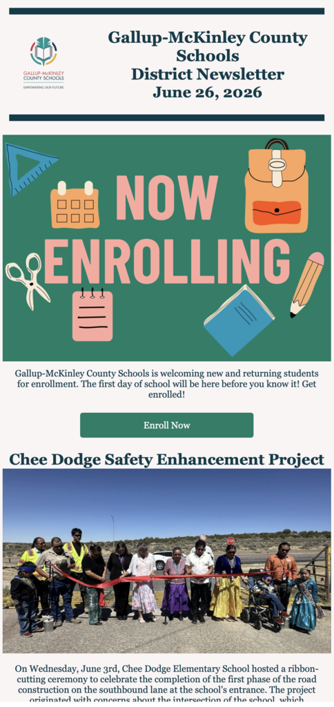 A newsletter headline reads "NOW ENROLLING" with school icons. Below, a ribbon-cutting ceremony photo shows people standing with a ribbon.
