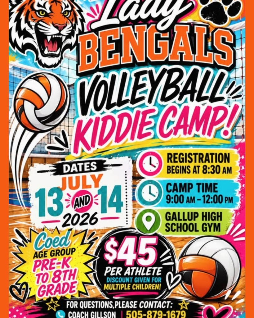 Poster for Lady Bengals Volleyball Kiddie Camp on July 13 and 14, 2026. Features tiger logo, volleyballs, and paw prints.