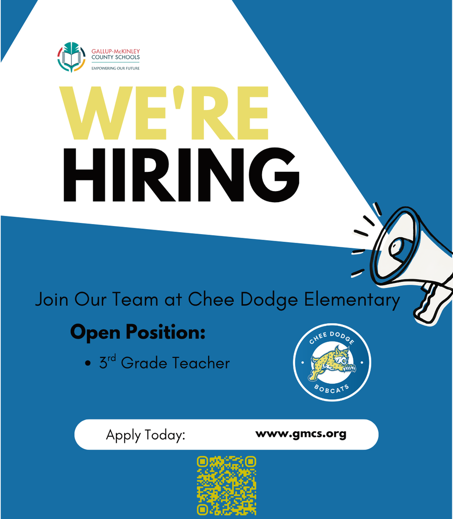 Blue and white flyer with a megaphone. It reads "We're Hiring" and "Open Position: 3rd Grade Teacher" with an elementary school logo.