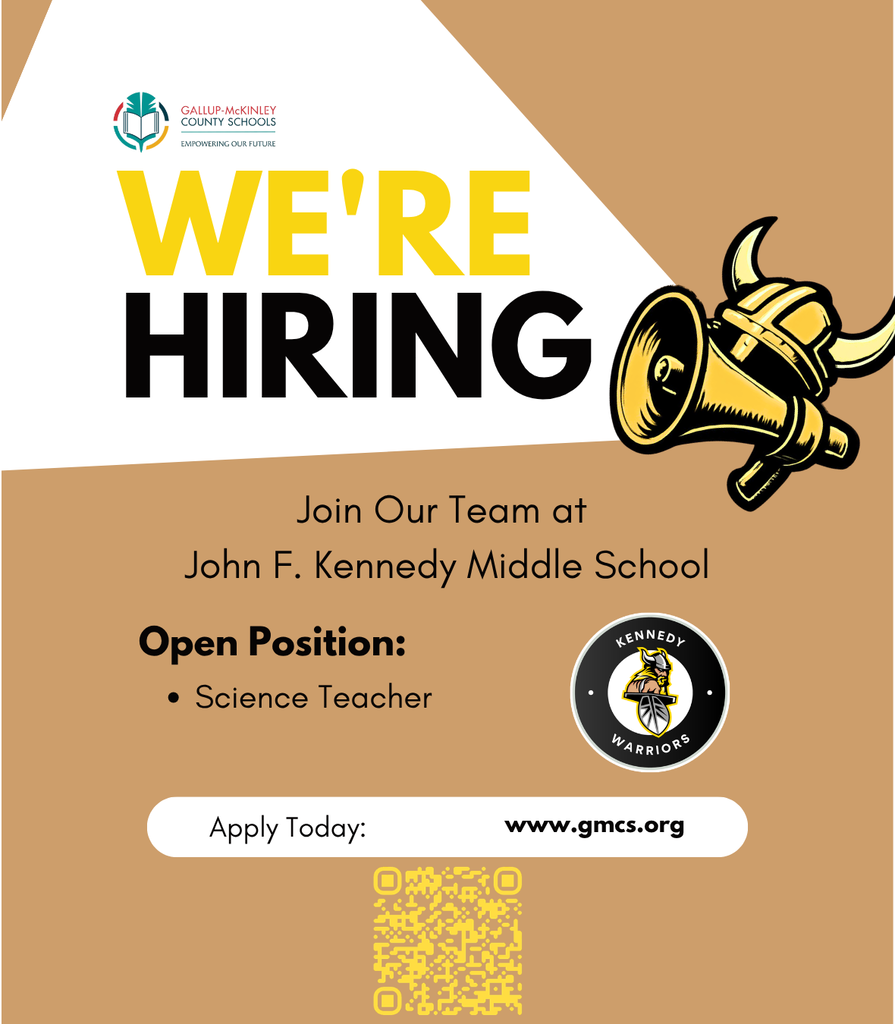 Recruitment poster for a Science Teacher position at John F. Kennedy Middle School. Features include logo, open position text, and QR code.
