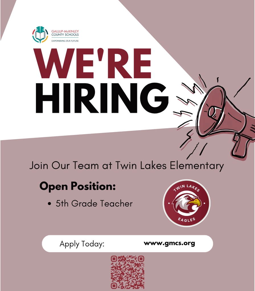 A recruitment flyer for Twin Lakes Elementary School. It features a megaphone, the text "WE'RE HIRING", and a school logo.