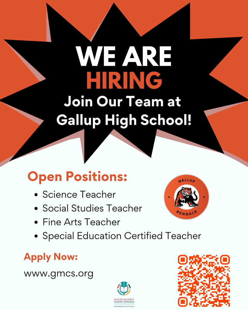 Job posting for Gallup High School. Position openings for science, social studies, fine arts, and special education teachers. QR code for application.