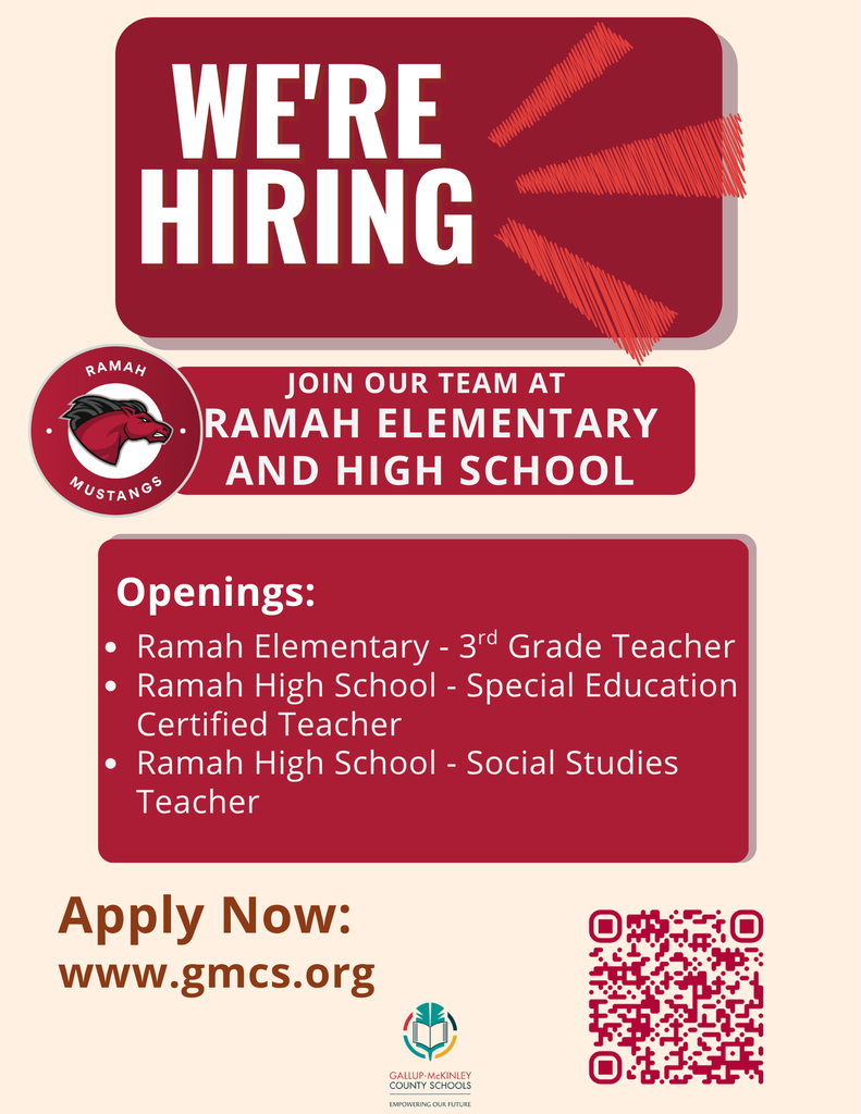 Job advertisement for Ramah Elementary and High School. Positions include 3rd Grade Teacher, Special Education, and Social Studies. QR code directs to application website.