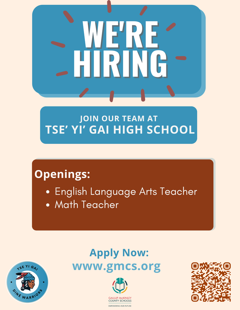 Blue and brown poster with "We're Hiring" at top. Below, openings listed for English Language Arts and Math Teacher. Contact information and QR code below.