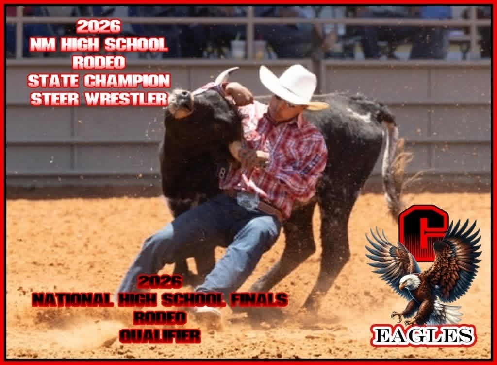 A man in a cowboy hat wrestles a black bull in a rodeo arena with the text "NM High School Rodeo State Champion Steer Wrestler".