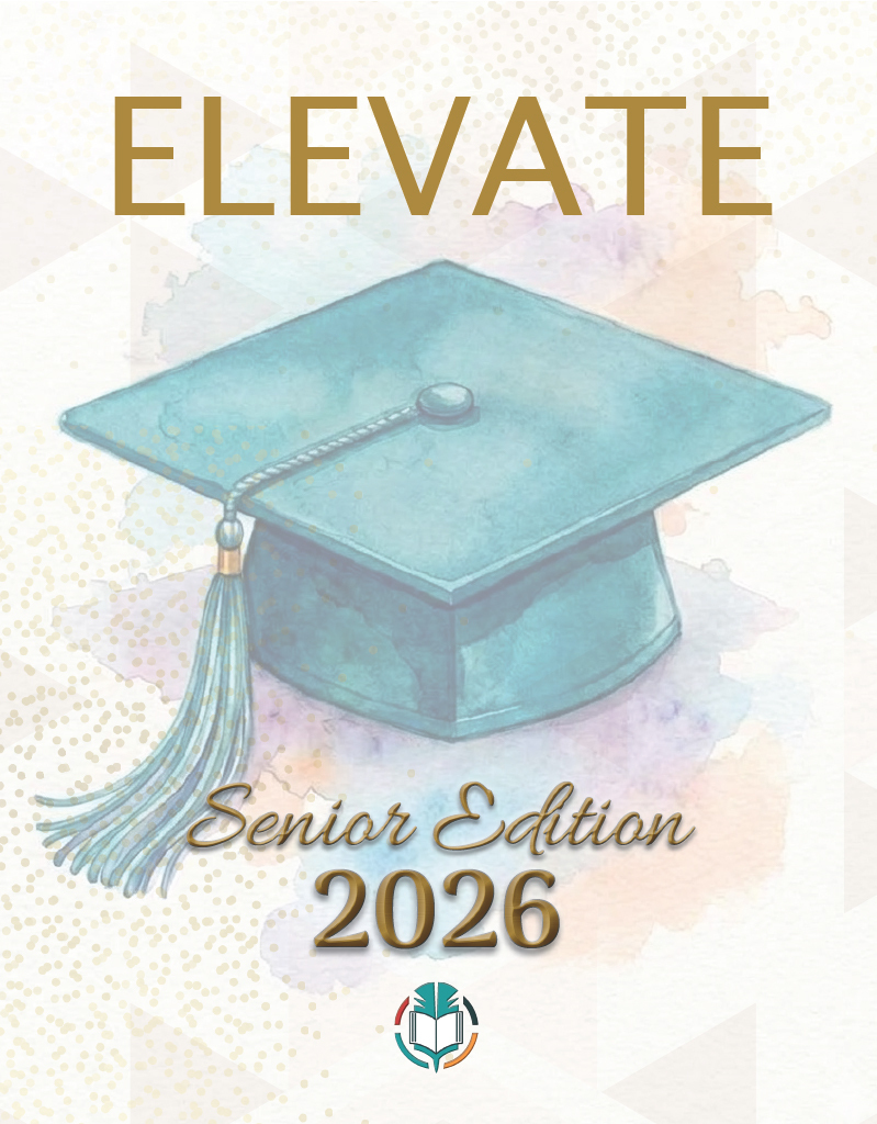 Cover with a blue graduation cap and tassel. "Elevate Senior Edition 2026" text above and below the cap. Watercolor background.
