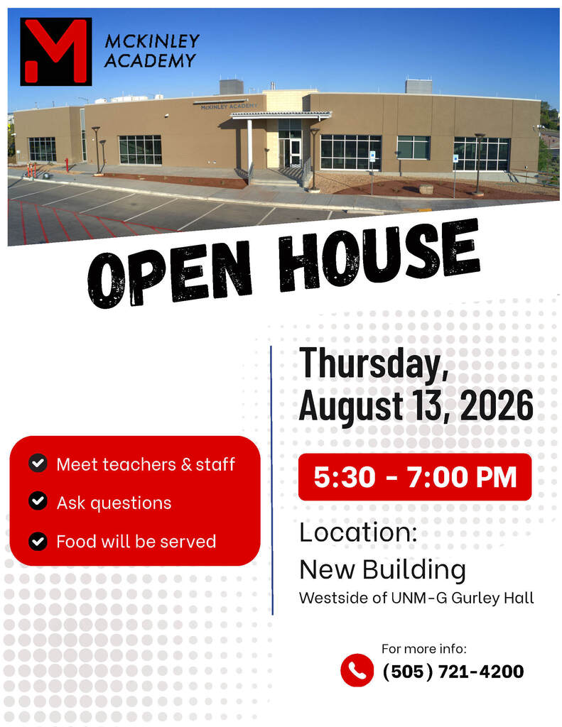 Advertisement for an open house event at McKinley Academy on August 13, 2026. It includes meeting teachers, asking questions, and food service.