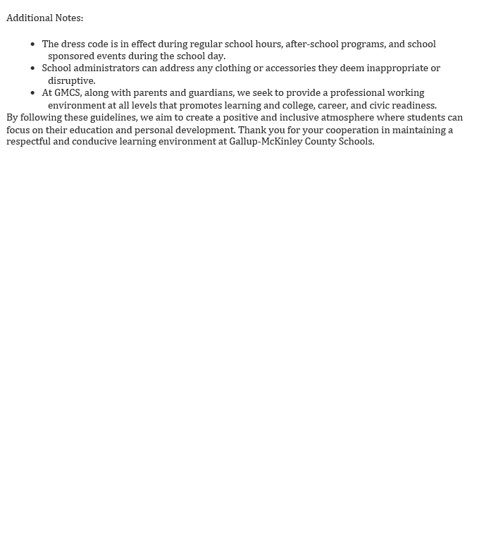 A document with bold text in black font on a white background. It lists guidelines regarding dress codes and their impact on students.