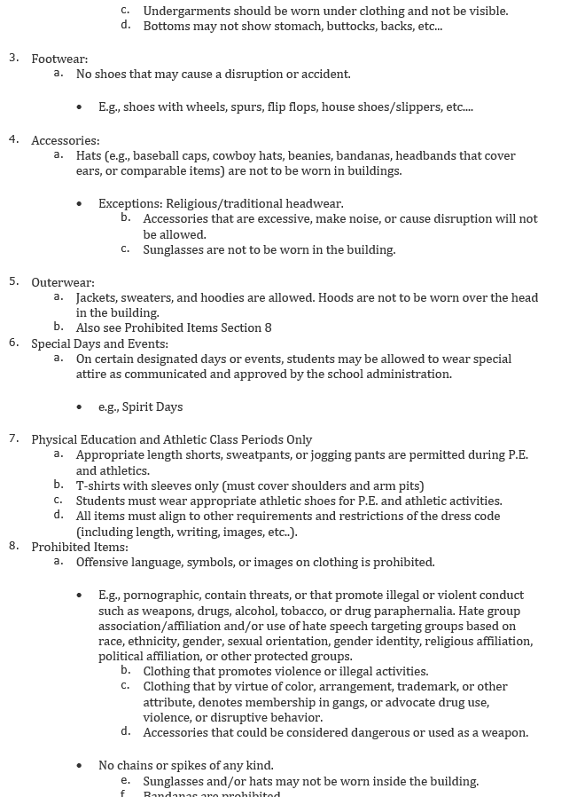 A document page titled "Dress Code Policy" lists rules for footwear, accessories, outerwear, and prohibited items. Background is plain white.