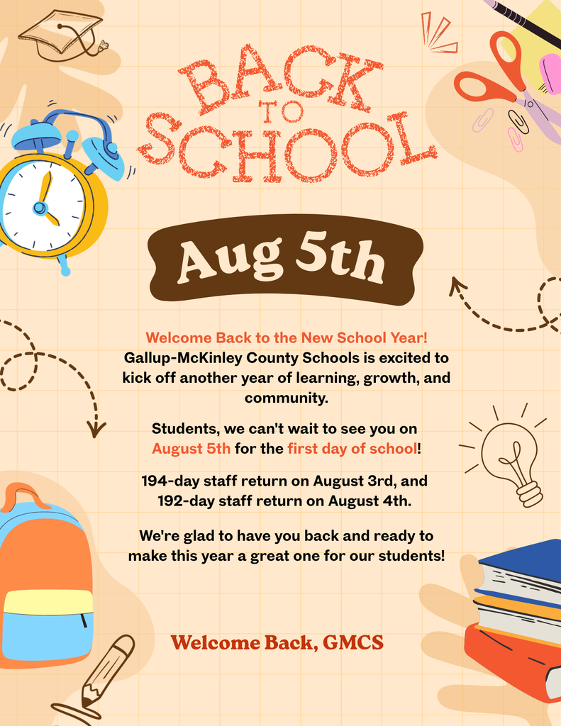 Poster for Back to School event on August 5th. Shows a clock, scissors, pencil, backpack, books, and light bulb.