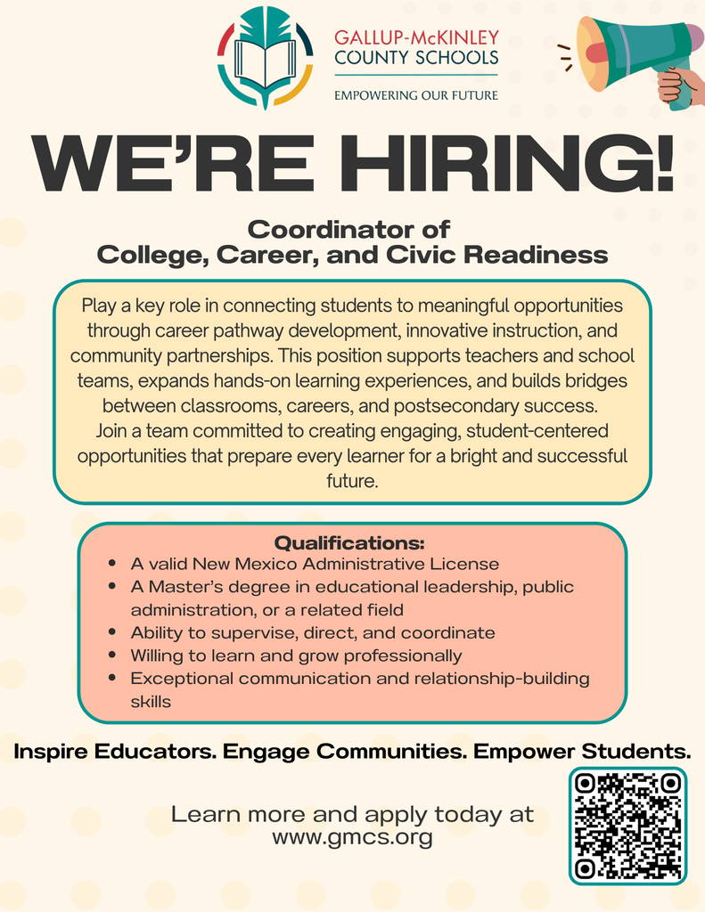 An advertisement for the position of Coordinator of College, Career, and Civic Readiness. Text and icons in a white, blue, and pink color scheme.