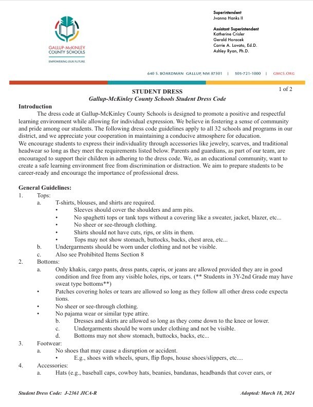 Document shows "Student Dress" heading with "Gallup-McKinley County Schools Student Dress Code" and a date. Text explains dress code rules for students.