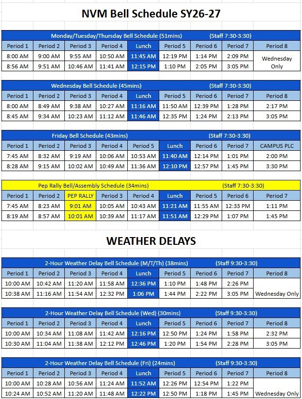 Charts with daily bell schedules for Navajo Middle