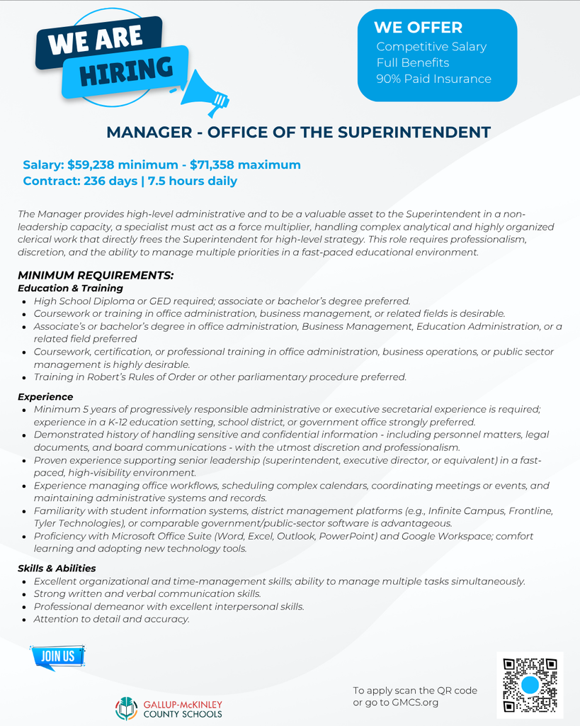 A hiring announcement for a Manager position in the Office of the Superintendent. It includes salary range, benefits, and job requirements.