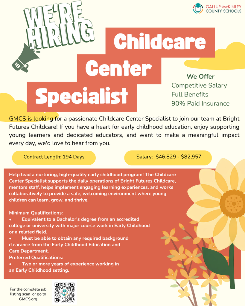 A job posting for a Childcare Center Specialist offers competitive salary and benefits, with a sunflower in the background.