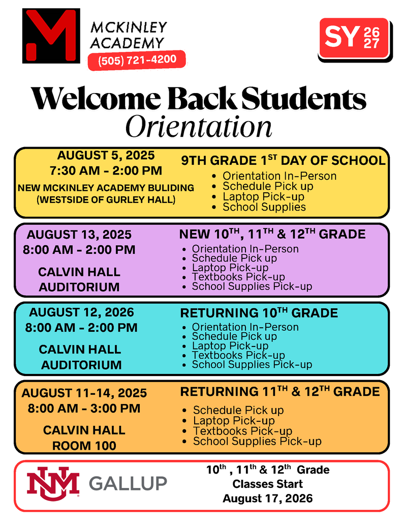 Orientation schedule for McKinley Academy students. August 5, 2023, for 9th graders, August 13, 2023, for new 10th-12th graders, August 12, 2023, for returning 10th graders.