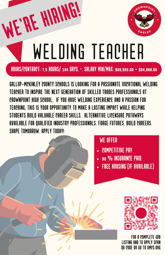 An ad for a welding teacher with a man welding. Text includes job details, salary, and benefits. QR code for application.
