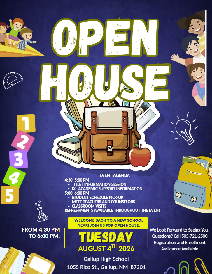 An event flyer displays 'Open House' on a blue background. It features a backpack, books, an apple, and a ruler.