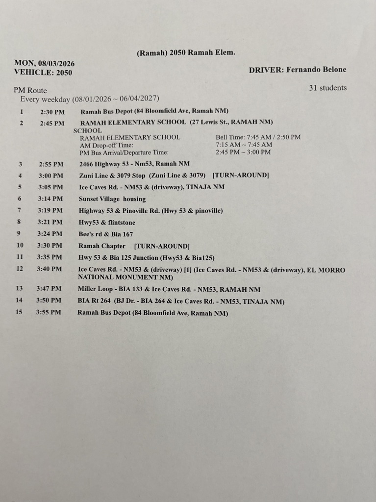 Document titled "Ramah 2059 Ramah Elem." lists driver, vehicle, route details. Includes pickup times, locations, and stops for students.
