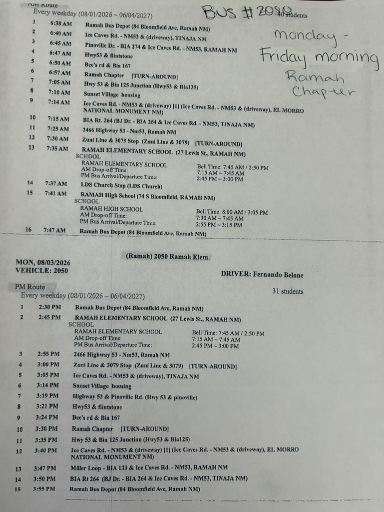 Bus route schedule displays times and routes for Monday morning. Locations include Ramah, and times are listed in military format.