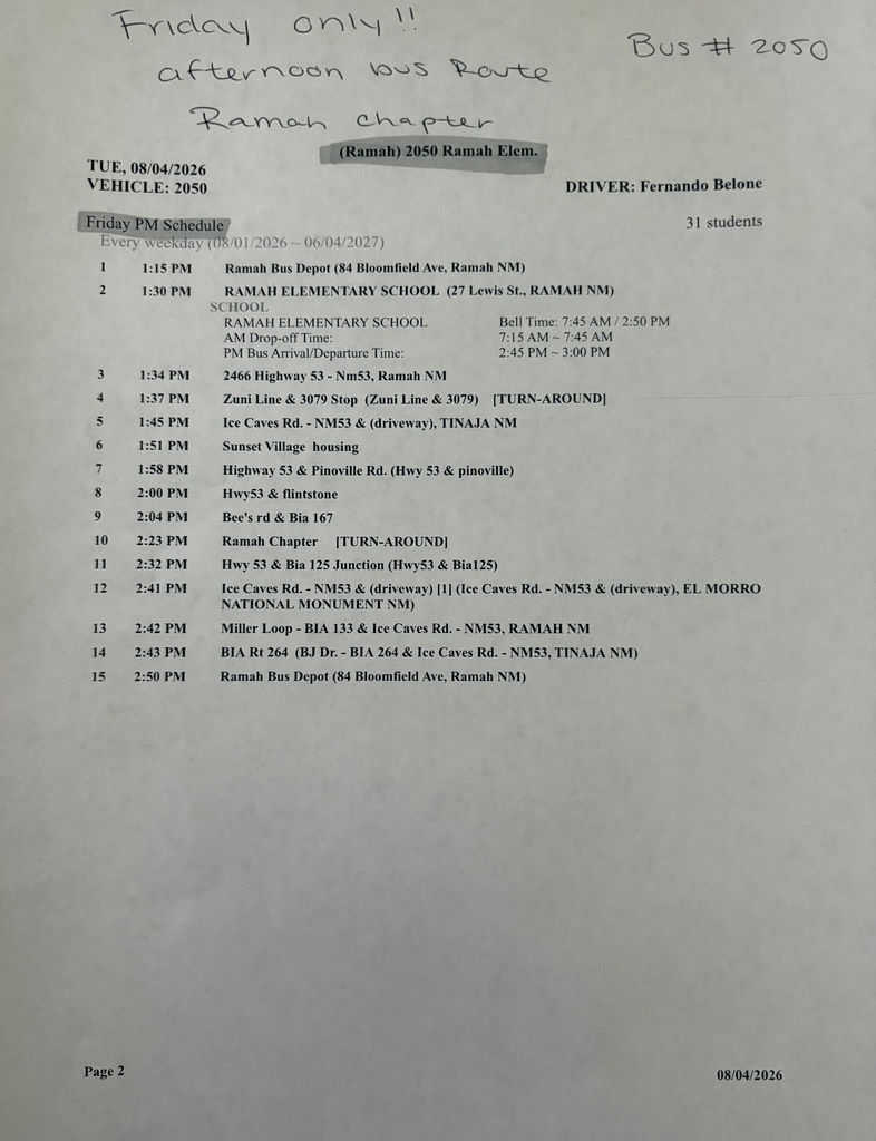 A page from a document showing a schedule for a Friday only bus route. The route includes times and locations.