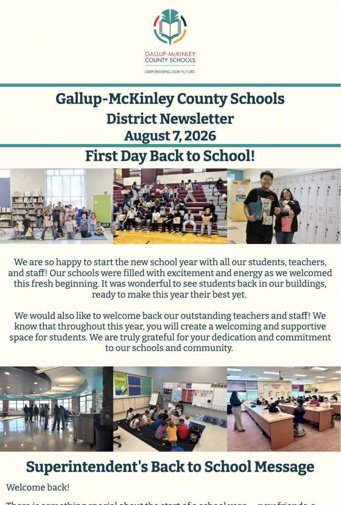 An image of a newsletter. It has pictures of people in a school and text reading "Gallup-McKinley County Schools District Newsletter."