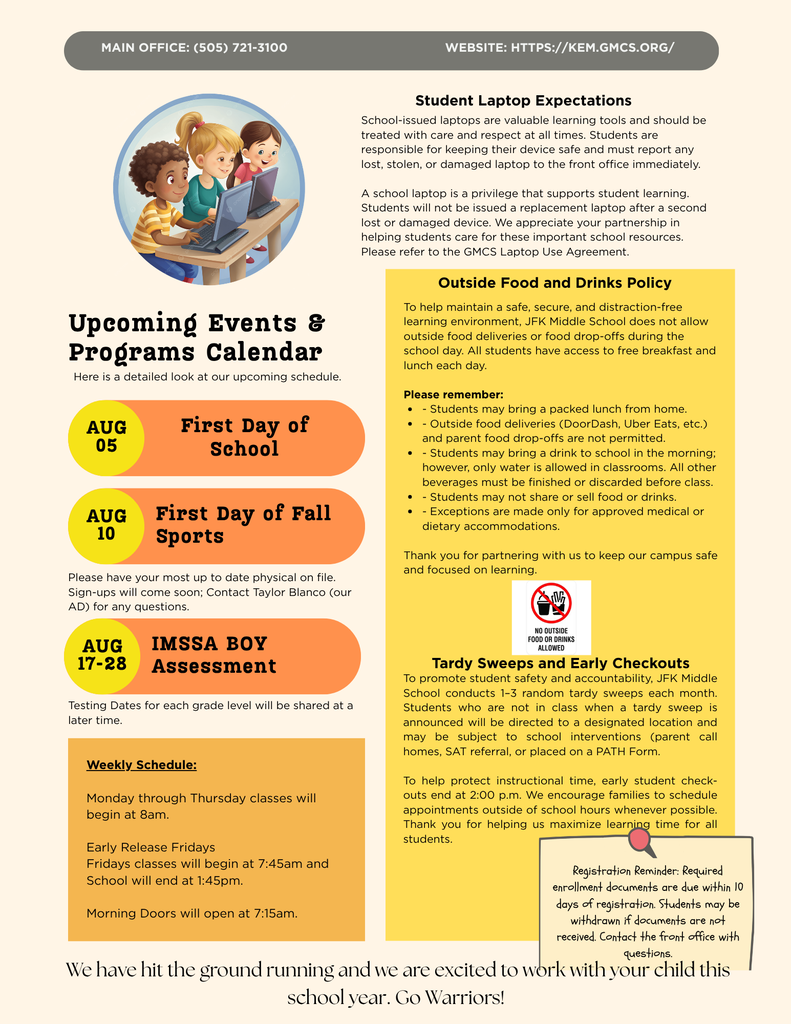 August Newsletter. It includestext on laptop expectations, and a calendar with dates.