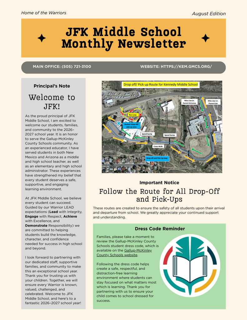 A newsletter page with a map of drop-off and pick-up routes, a principal's note, and a dress code reminder.