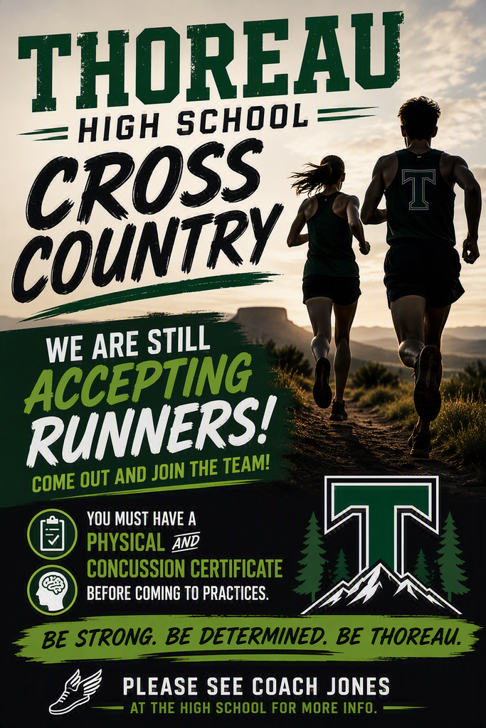 An advertisement poster for Thoreau High School cross-country runners with a sunset background. Two runners are shown on a trail.