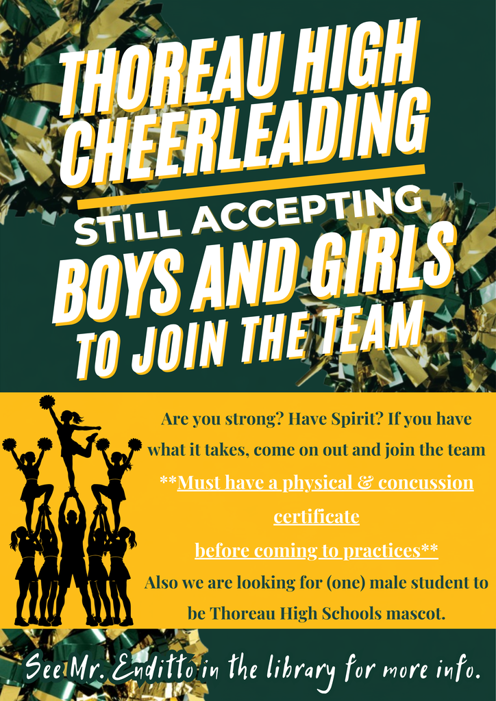 A poster invites boys and girls to join the cheerleading team. Silhouettes of people in cheerleading poses appear on a green and gold background.