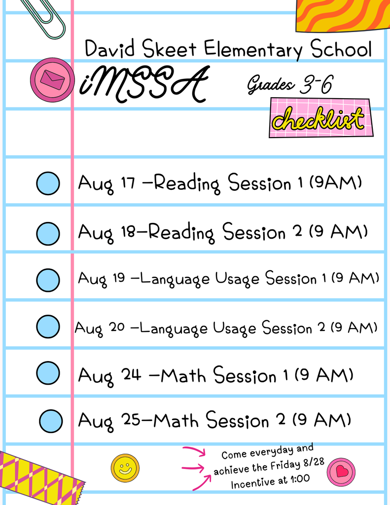 A checklist for sessions at David Skeet Elementary School for grades 3-6, including dates and times.