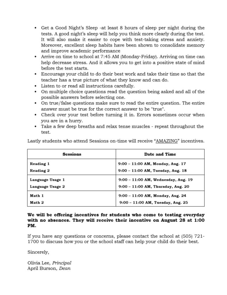 Text provides details about study sessions and incentives for students who arrive on time. It lists dates and times for reading and language sessions, with details about breath exercises.