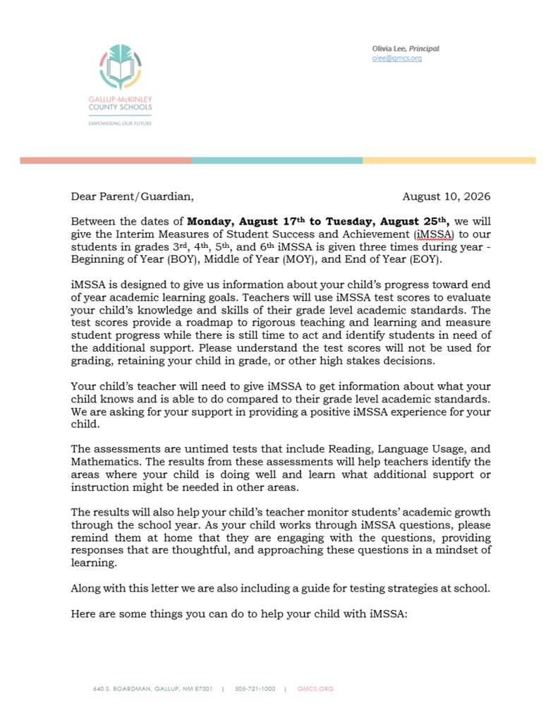 Document text: Between August 17th to 20th, 2026, interim assessments occur. Tests include Reading, Language Usage, and Mathematics.