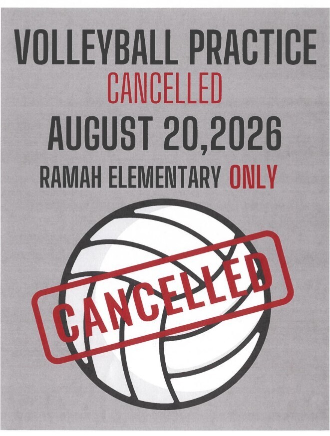 A poster with the text "Volleyball Practice Canceled August 20, 2026 Ramah Elementary Only" and a volleyball image.