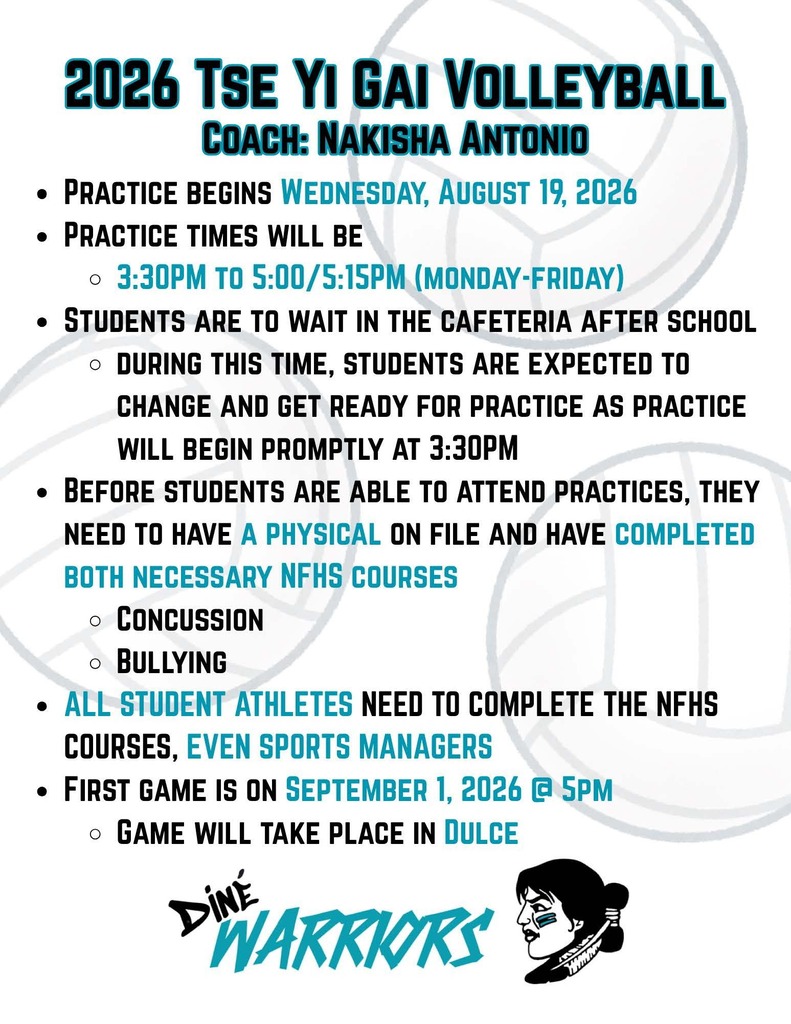 Volleyball practice information includes the coach, time, and location. A woman is pictured with the text "Dine Warriors."