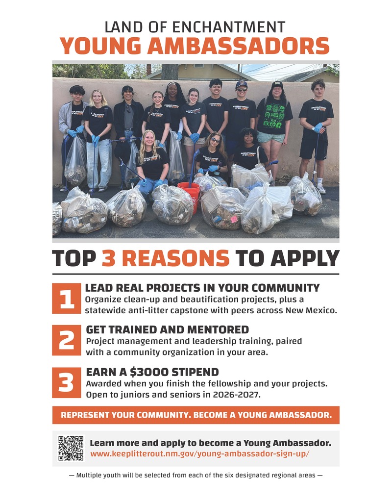 A group of students poses in front of a wall. Text reads, "Young Ambassadors." Three reasons to apply are listed.