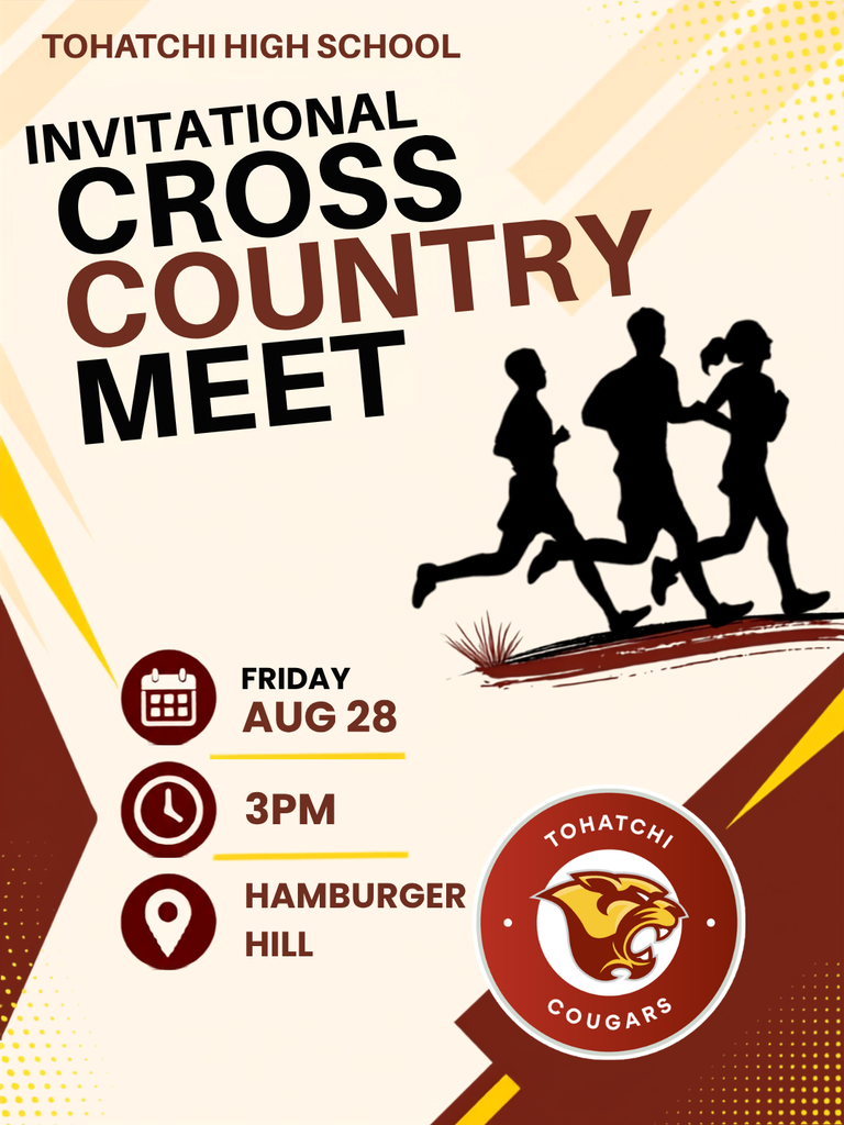 Event poster for Invitational Cross Country Meet at Tohatchi High School. Date: Friday, August 28. Time: 3 PM. Location: Hamburger Hill.