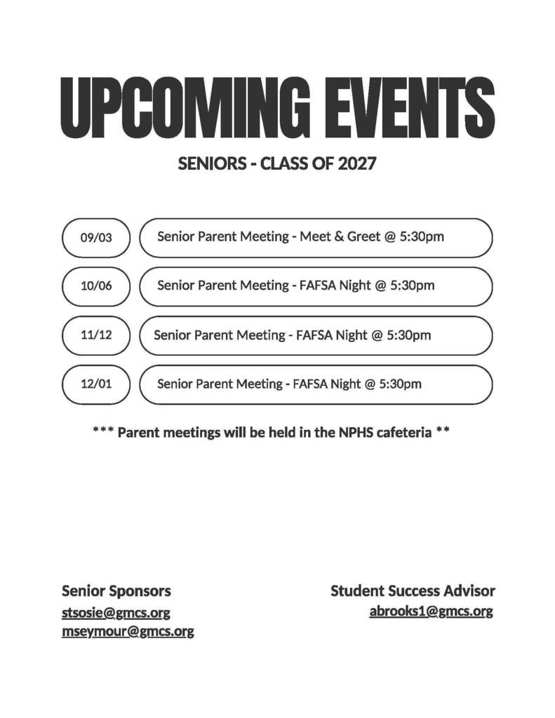 White page displays "UPCOMING EVENTS" with dates and details about Senior Parent Meetings for the Class of 2027.
