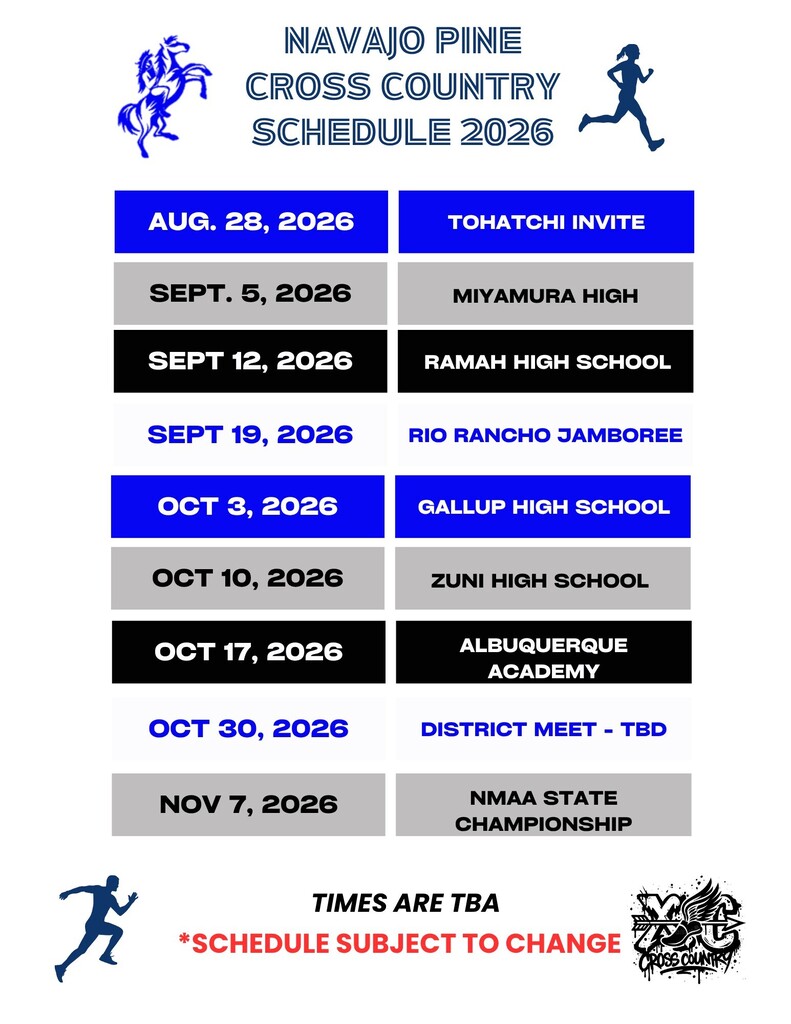 A blue and white poster shows the 2026 Navajo Pine Cross Country Schedule with dates and locations.
