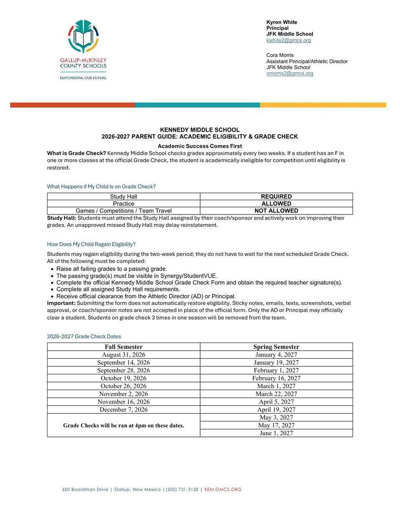 A document from Kennedy Middle School includes text and a table with dates, titled "2018-2019 Parent Guide: Academic Eligibility & Grade Check".