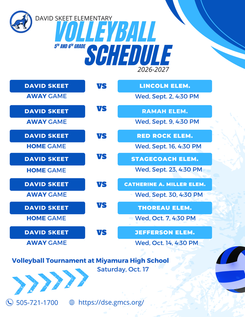 A blue and white sports schedule for David Skeet Elementary volleyball. Dates run from Sept. 2 to Oct. 14.