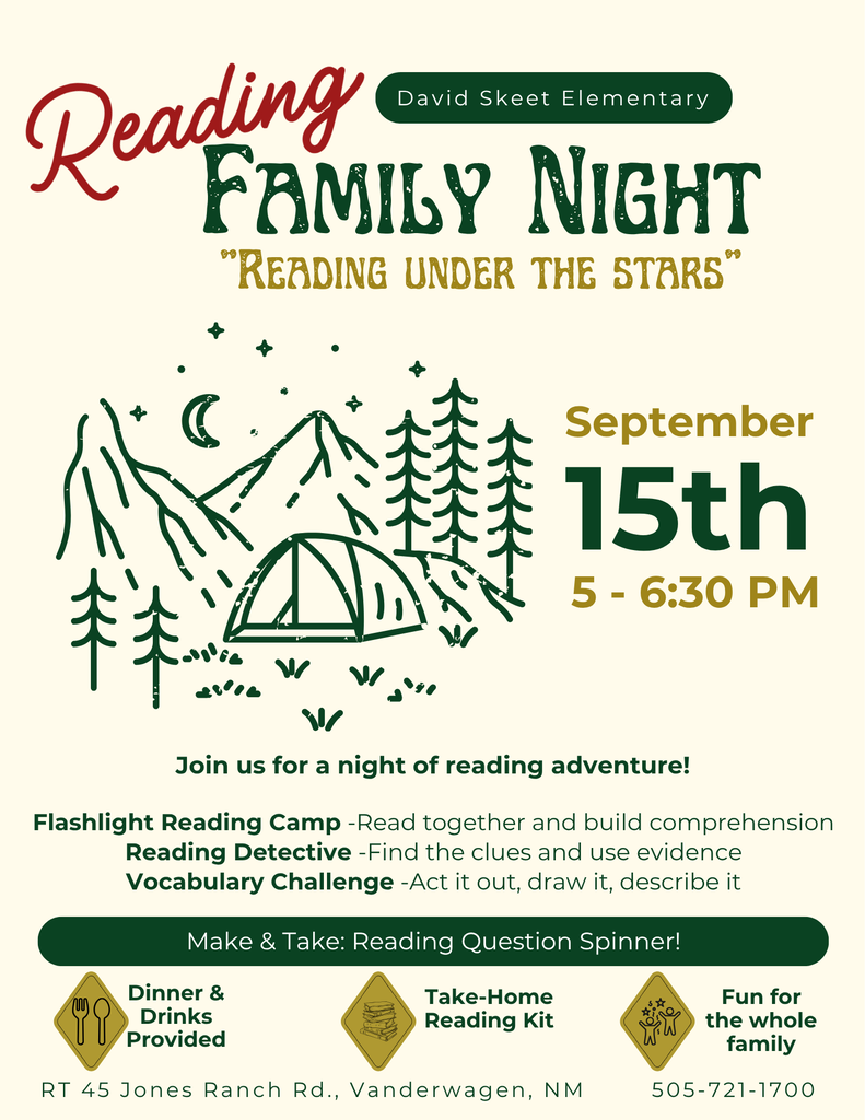 Event flyer features a camp scene with trees and a tent. Text includes "Reading Family Night" and "Reading Under the Stars" on a red background.