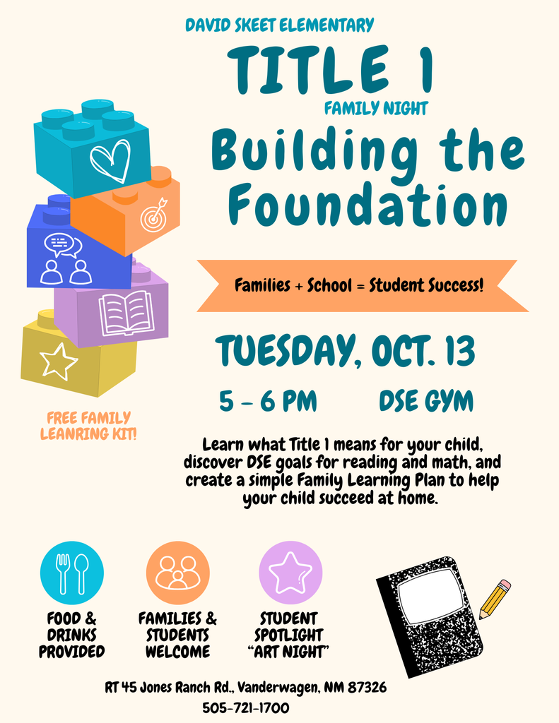 An event flyer for "Building the Foundation" by Title I, with colorful blocks, a pencil, and icons of food, families, students, and a spotlight.