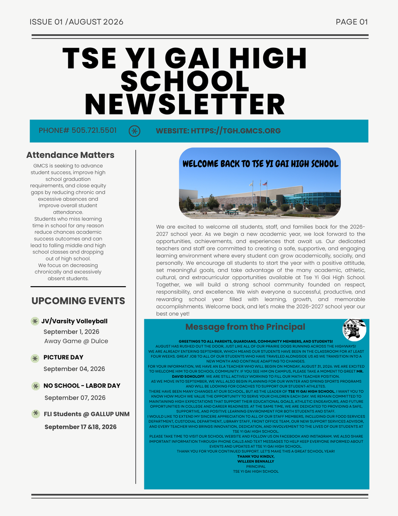 A newsletter with a blue and white color scheme. Title: TSE YI GAI HIGH SCHOOL NEWSLETTER. Includes sections for attendance matters, upcoming events, and a message from the principal.